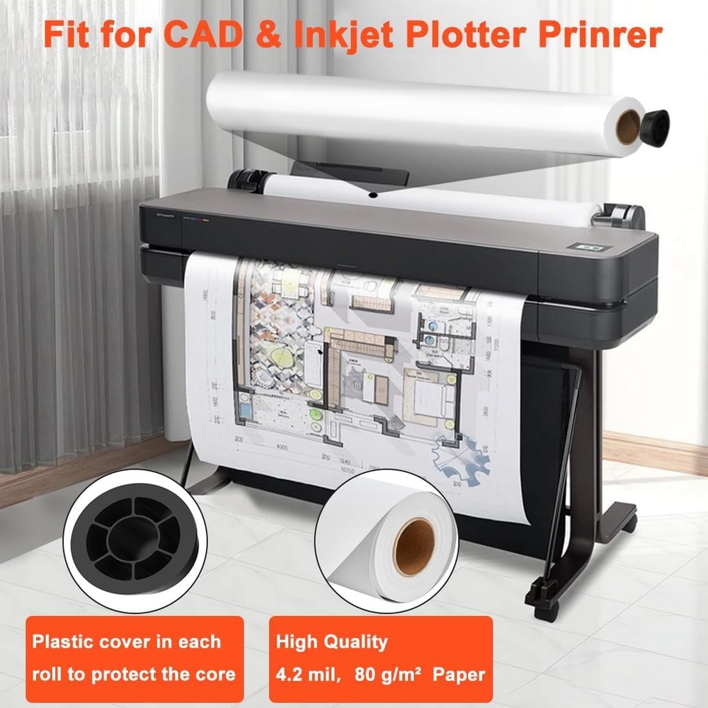 2Rolls 24"x150' Wide Format Paper Plotter Paper CAD Bond For Inkjet Printer