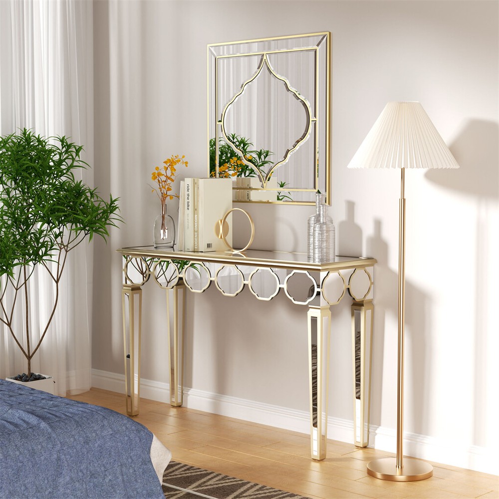 Delicate Mirror Console Table Gold Trim Vanity Table with Stable Tapered Legs