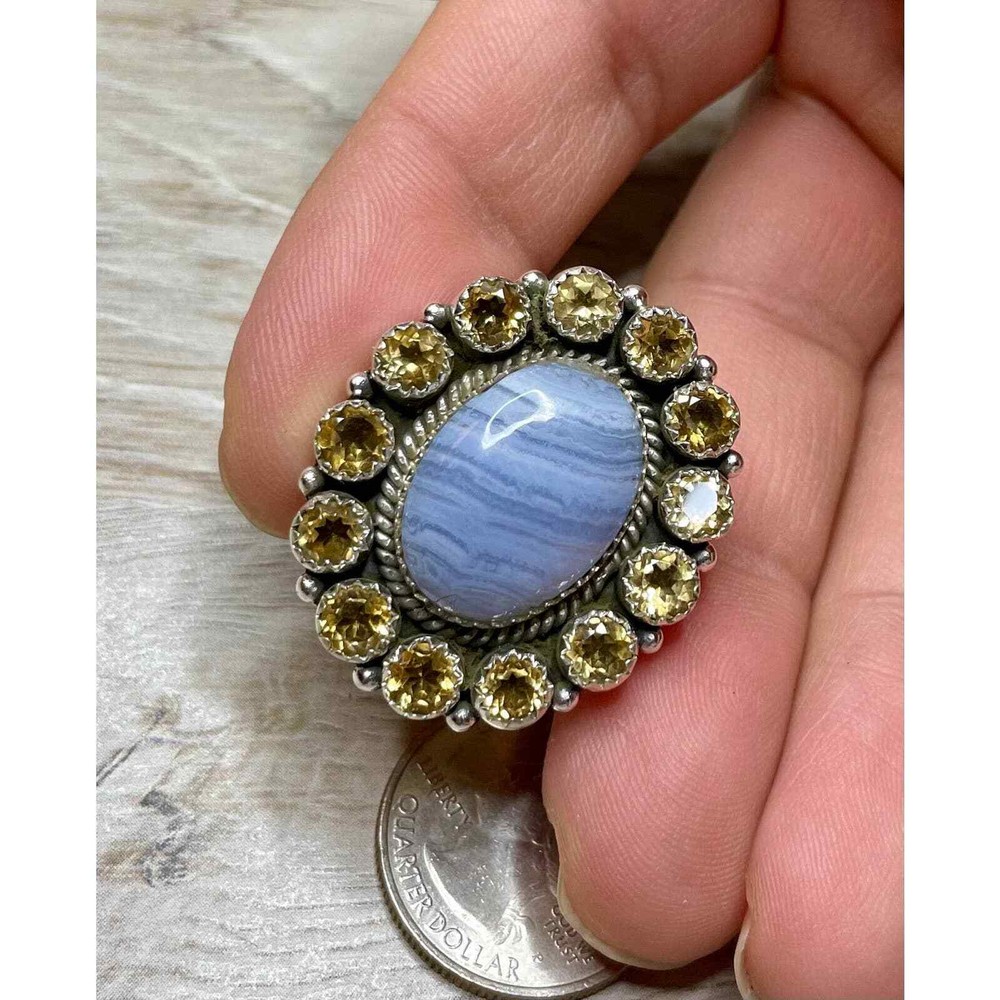 Blue Lace Agate with Citrine Cluster Sterling Silver Ring