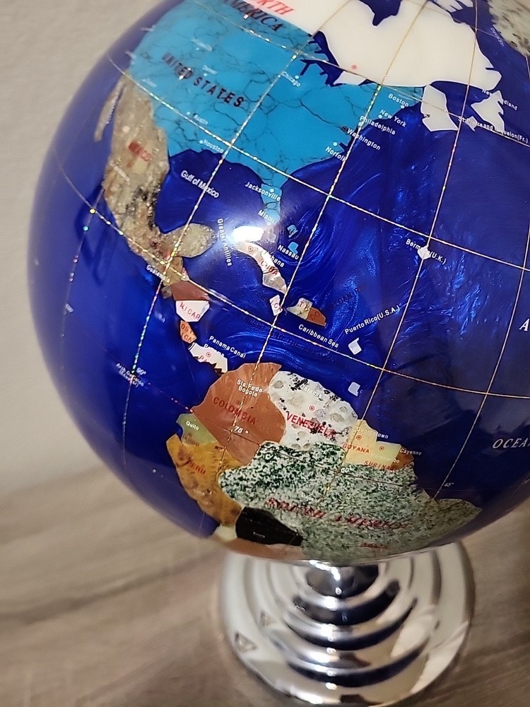 Blue Lapis Semi-Precious Gemstone Table Globe Large Silver Color Stand