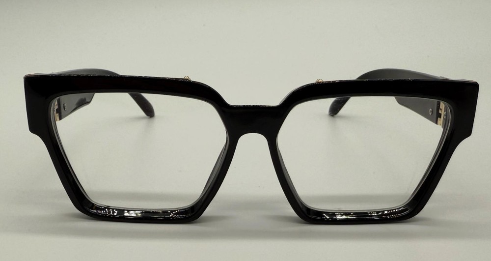 Black Designer-Inspired E Eyeglasses w/ Gold Detailing