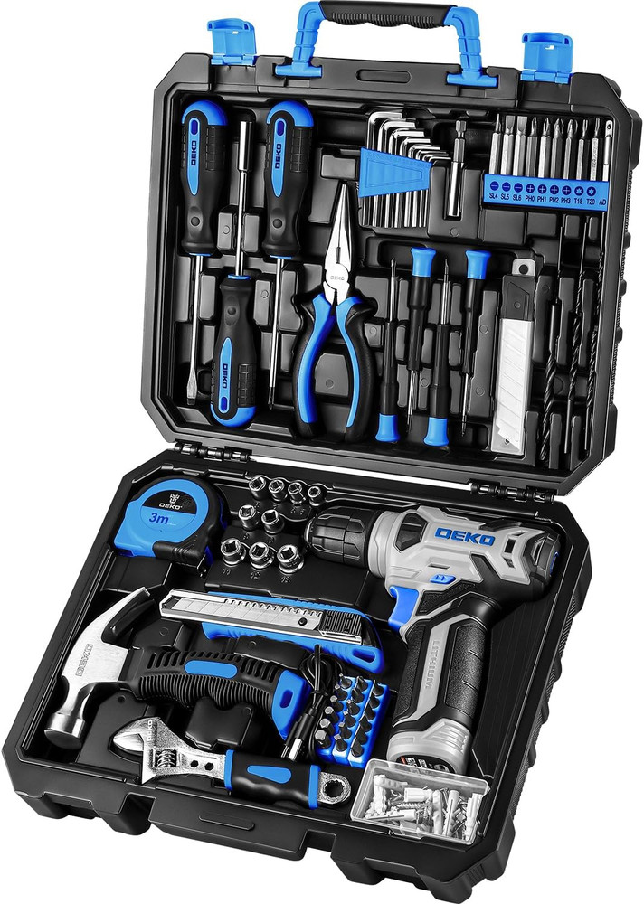 DEKOPRO Drill Set: Tool Set with 8V Blue Cordless Drill, Home Tool Kit with Dril