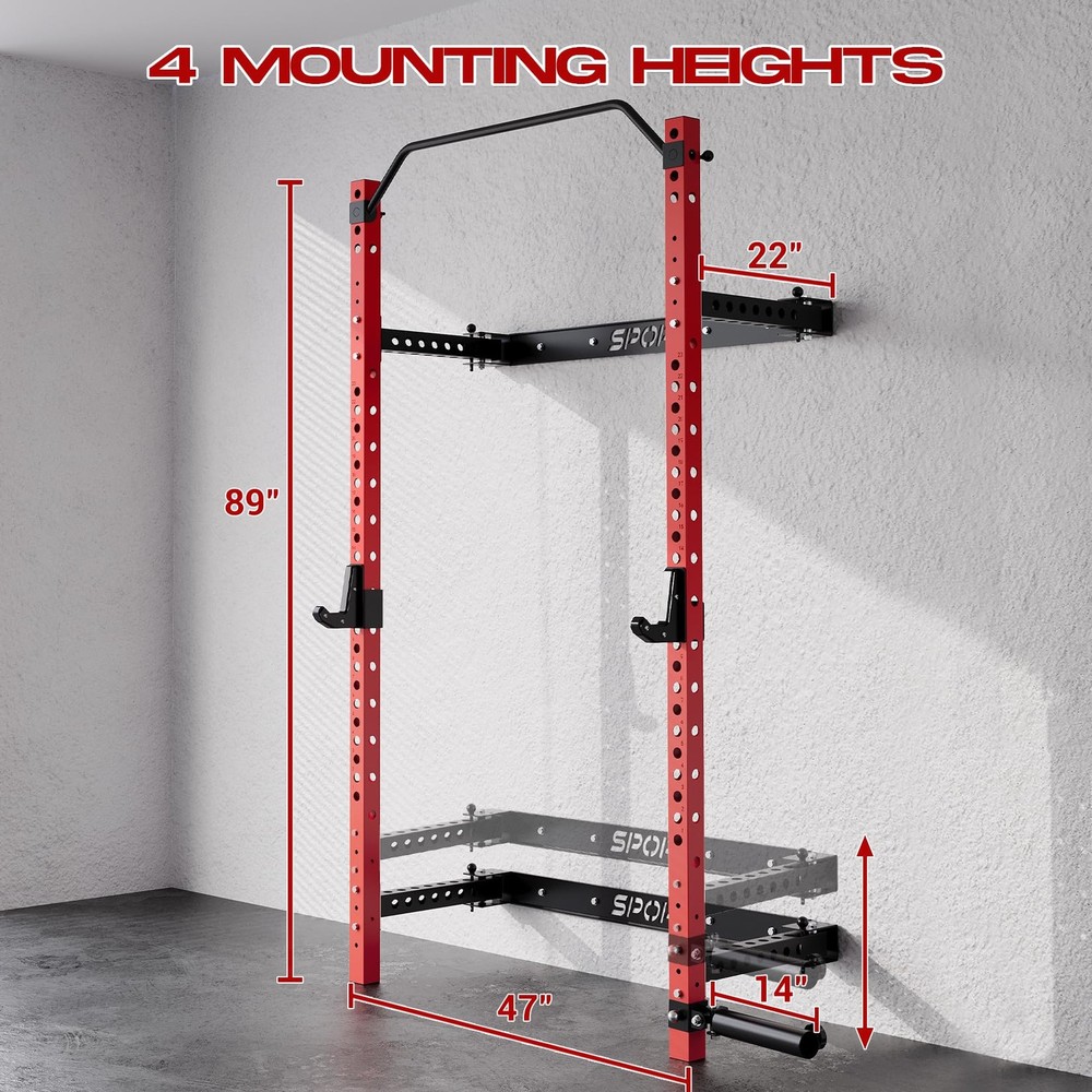 Multi-Function Folding Squat Rack 1000LBS Capacity Wall Mounted with Pull Up Bar