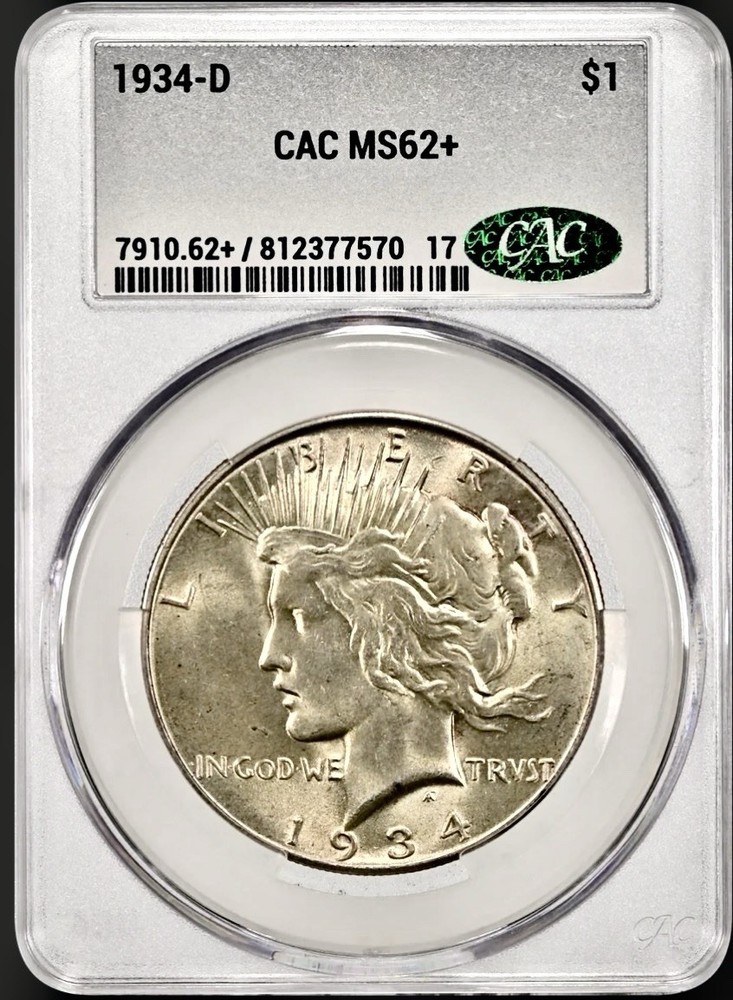 1934 D PEACE SILVER DOLLAR CACG MS62+