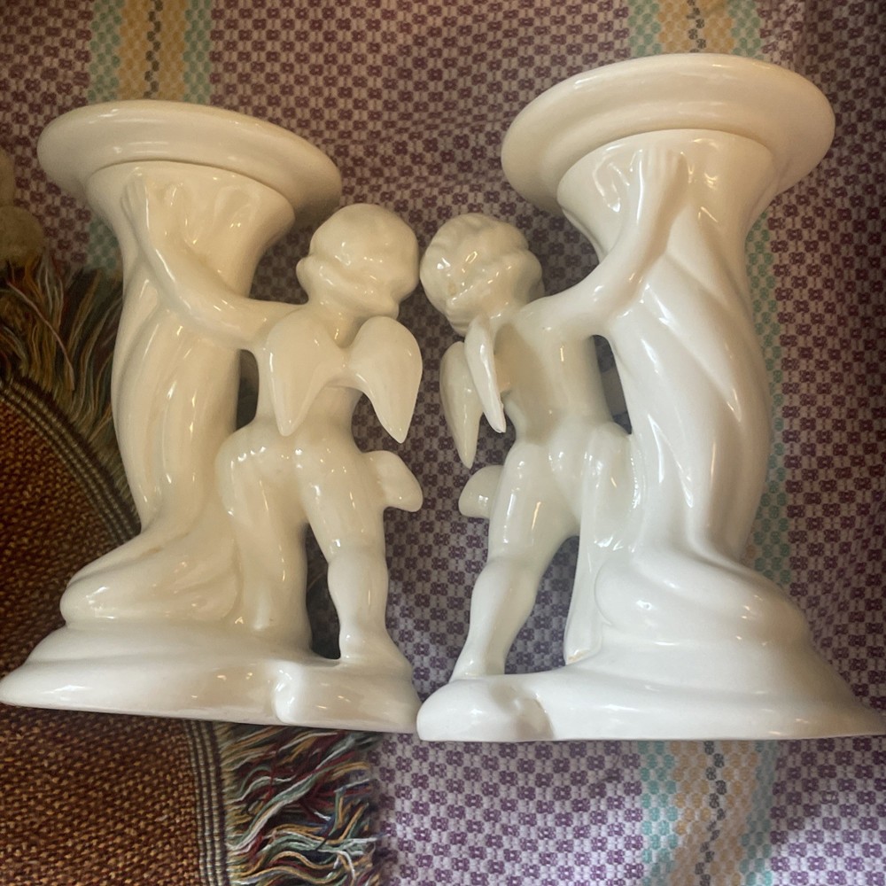 Vintage Porcelain Cherub Candle Holder Pair
