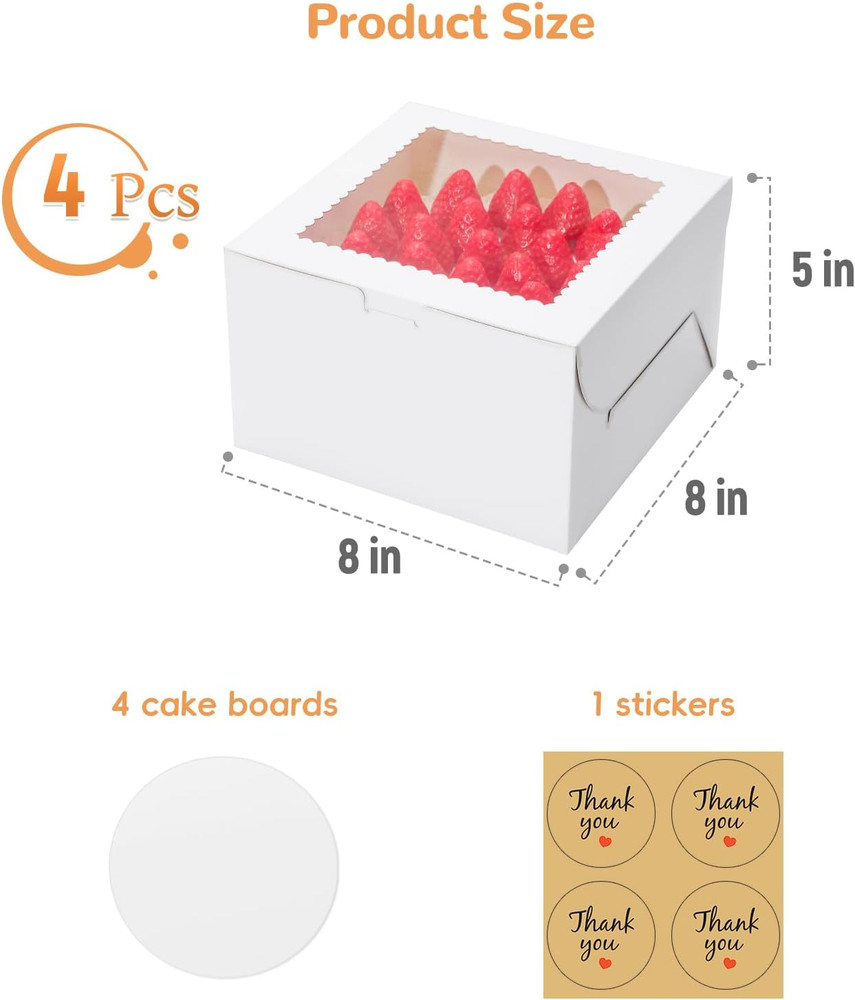 Small Cake Boxes 8 Inch with Window, 4 Set Bakery Boxes with Cake Boards & Stick