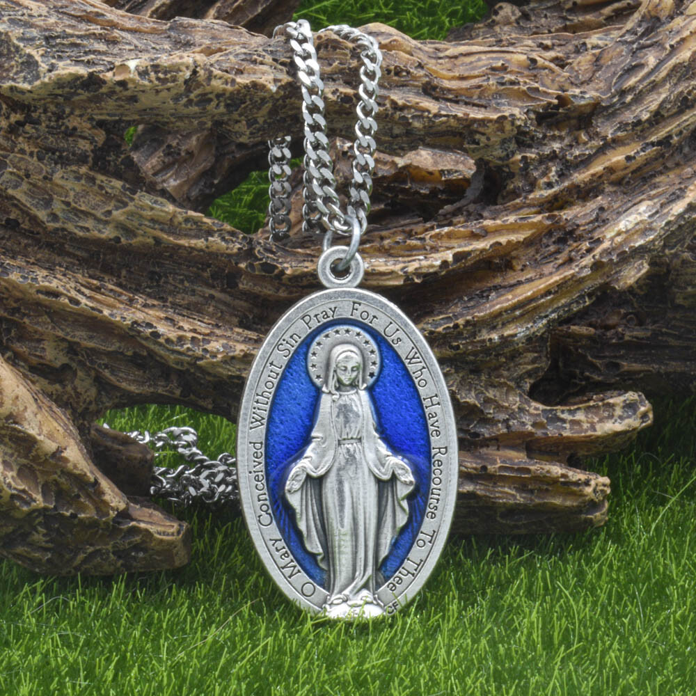 Large 1 3/4" Blue Miraculous Medal Mary Pendant Necklace Italy w 24" Curb Chain