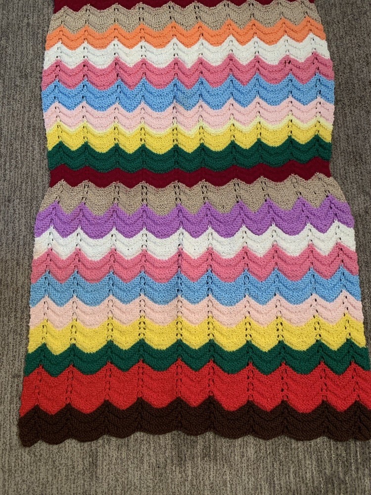 Handmade Crocheted Afghan Blanket Multicolor Stripe Zig Zag Approx 65” X 28”