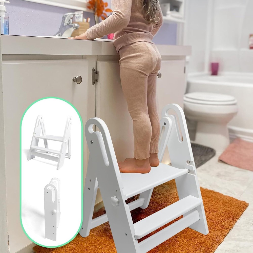WOOD CITY Collapsible Toddler Step Stool Adjustable 2 Step Stool (White)