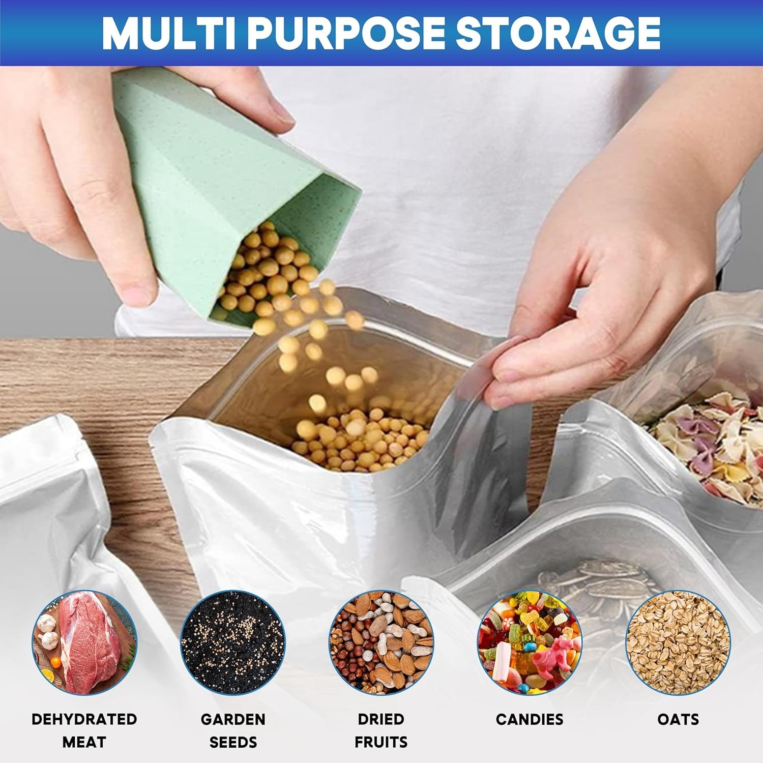 50 Pcs Mylar Bags for Food Storage With Oxygen Absorbers Resealable 9 Mil Silver