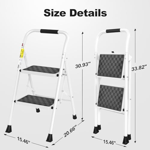 2 Step Ladder,2 Step Stool for Adults Folding Step Stool with 2-Step White