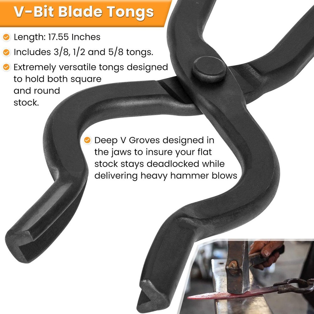 6Pcs Beginner Knife Making Blacksmith Tong Set V-Bit Blade Scroll Pick Up Hammer