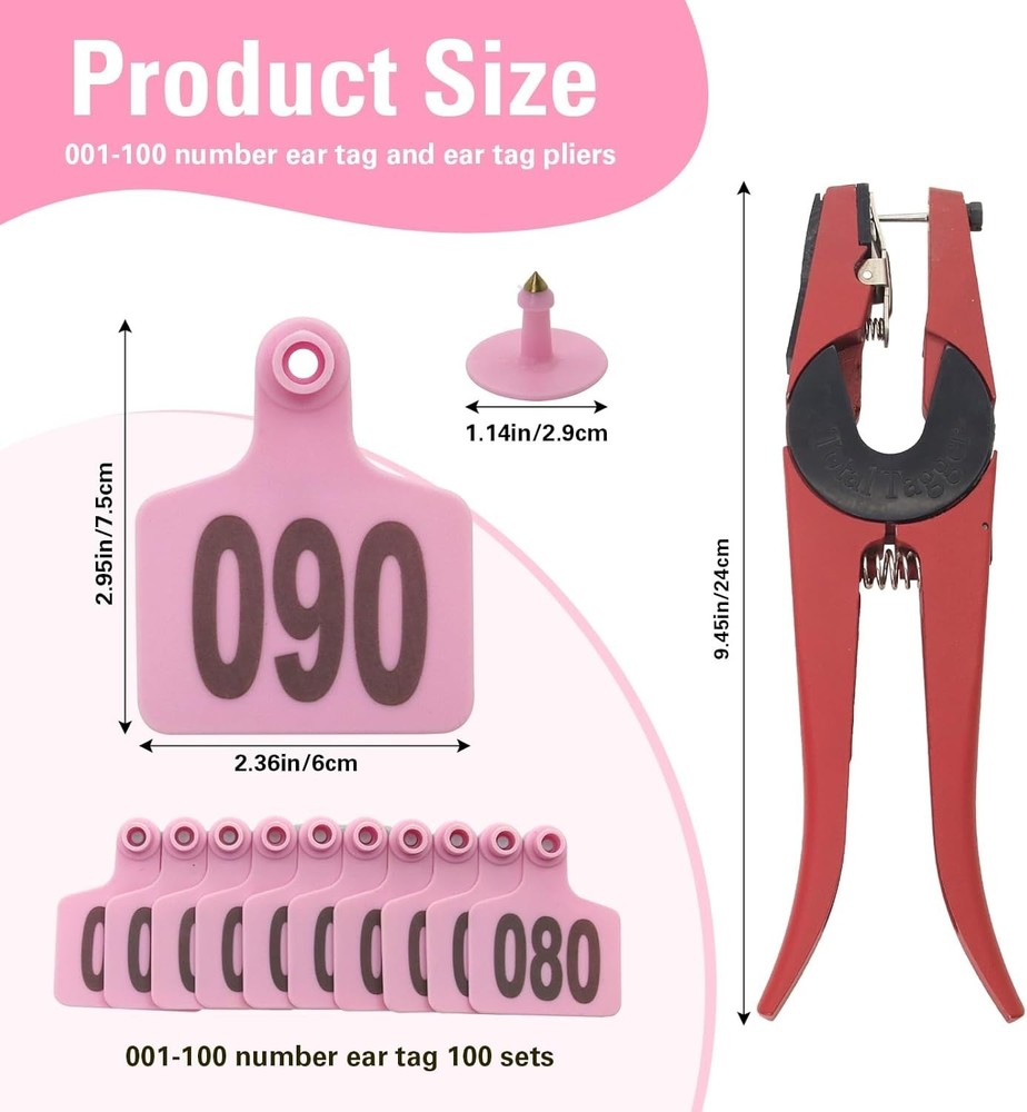 Round Cattle Ear Tags 001-100 with Applicator - Pink Tagging Solution