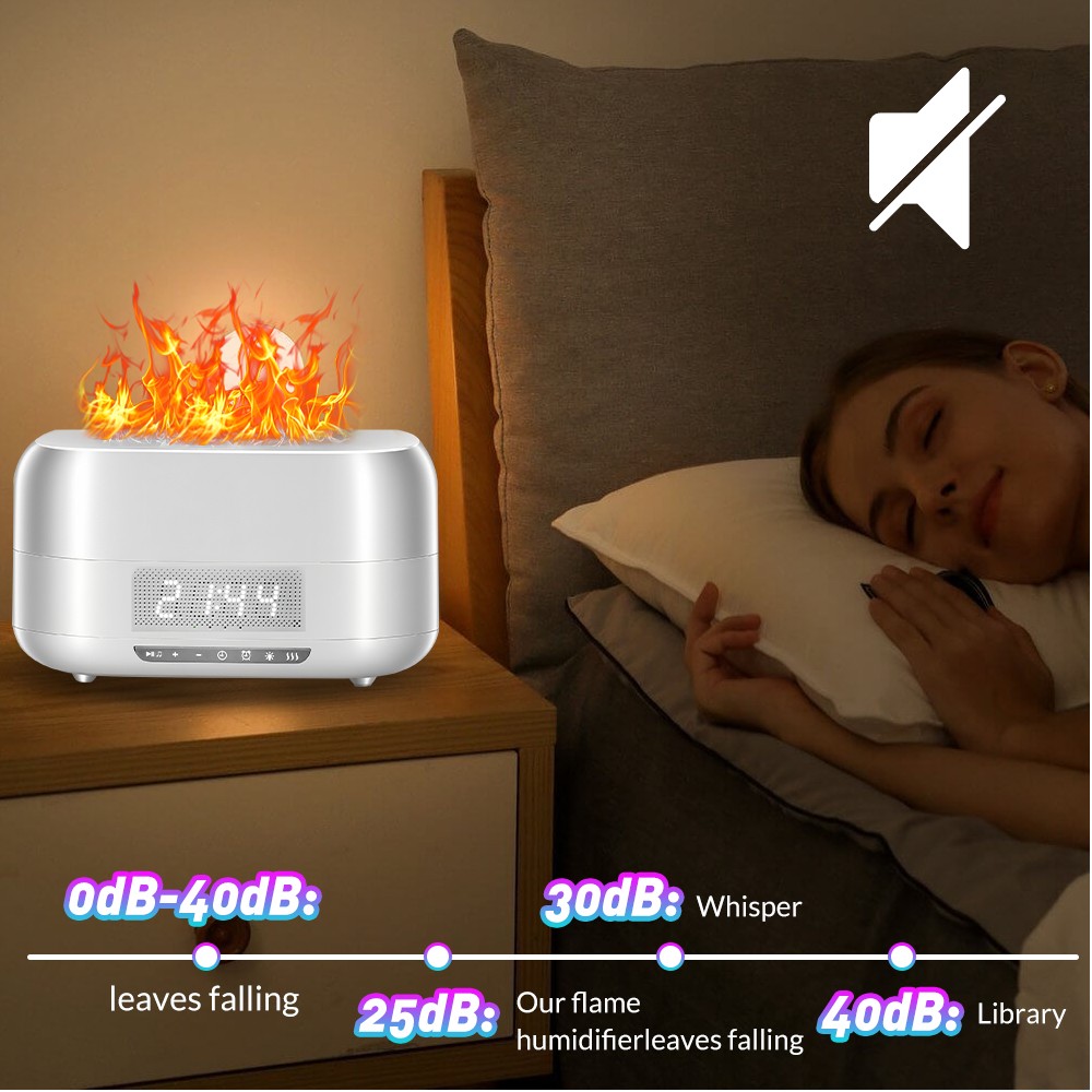 Flame Aroma Diffuser Humidifier Bluetooth Speaker Light Digital Display Clock