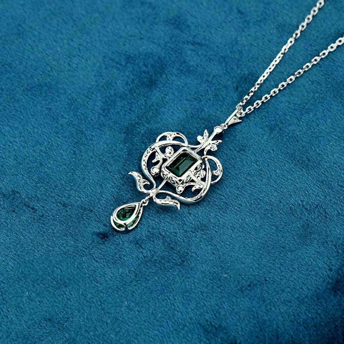 Art Deco Pear Emerald & Lab Created Diamond Floral Wedding 925 Silver Pendant