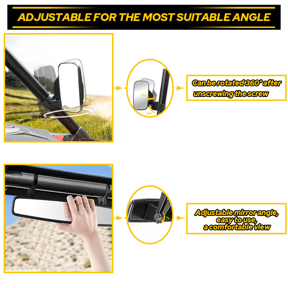 Universal UTV Rear Mirror View Side + Center Mirror Set Adjustable 1.75"-2"