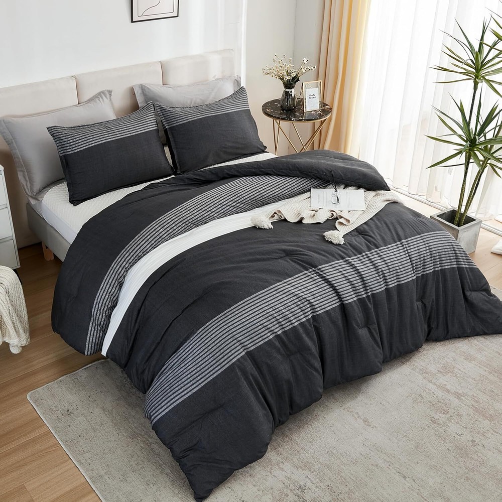 King Size Black, White and Gray Comforter Set - 3 Piece Bedding Comforter Set
