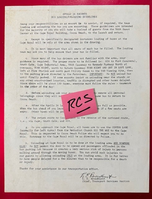 APOLLO 16 ESCORTS BUS LOADING UNLOADING GUIDELINES ORIGINAL ERA MEMORANDUM MEMO