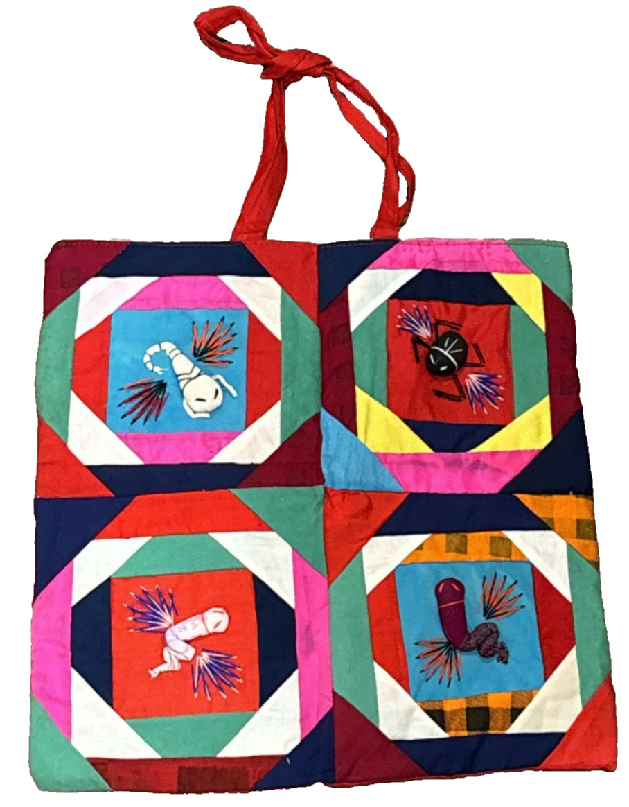 Multicolored Oriental Embroidered Fabric Tote Bag Frog Pandas + Decorated Back