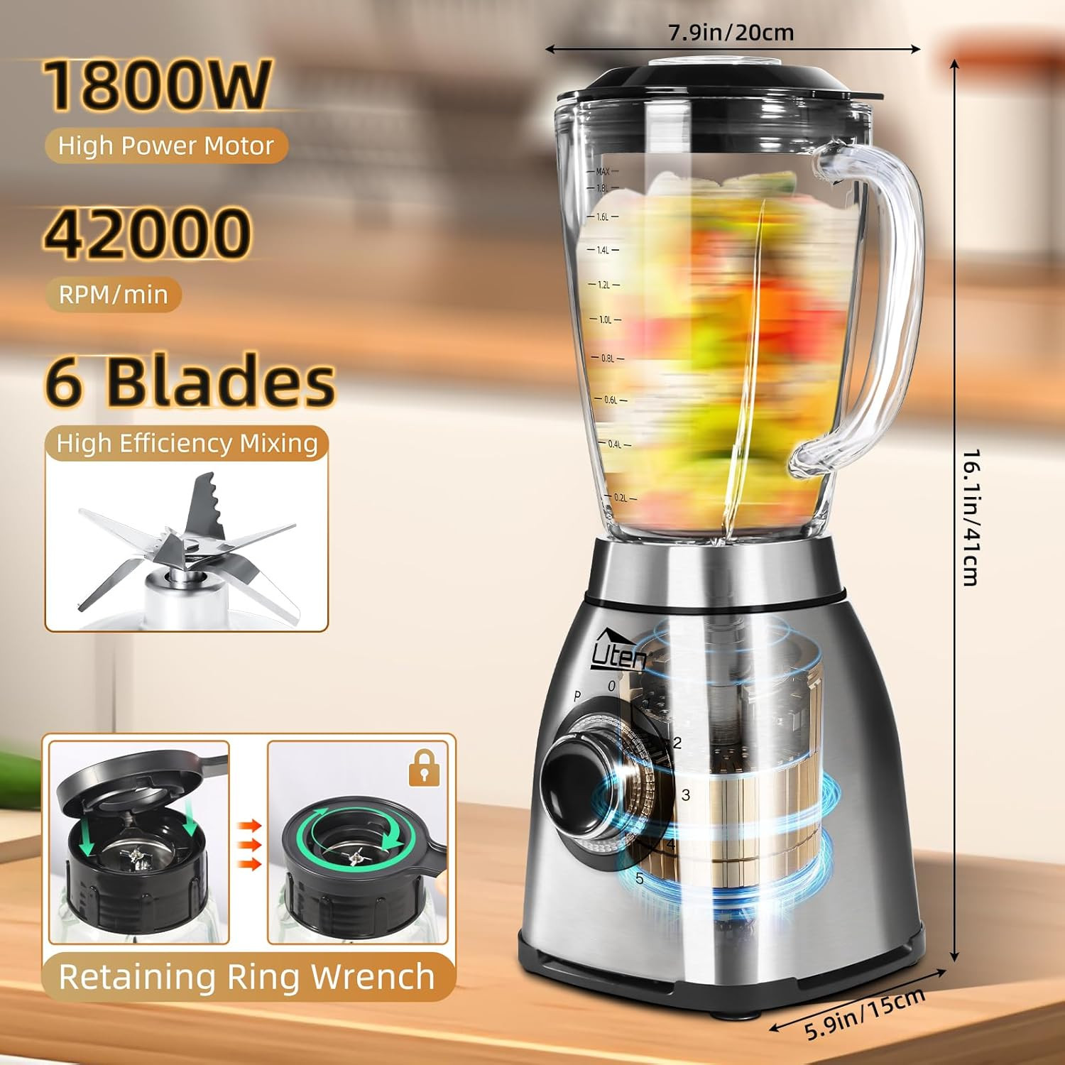 Blender Glass Stainless Steel 1800W Ice Crusher Smoothie Maker Universal Mixer