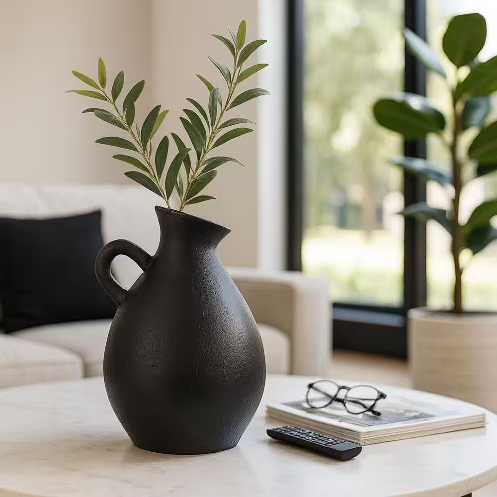 19 In. Black Terra Cotta Pitcher Decorative Vase