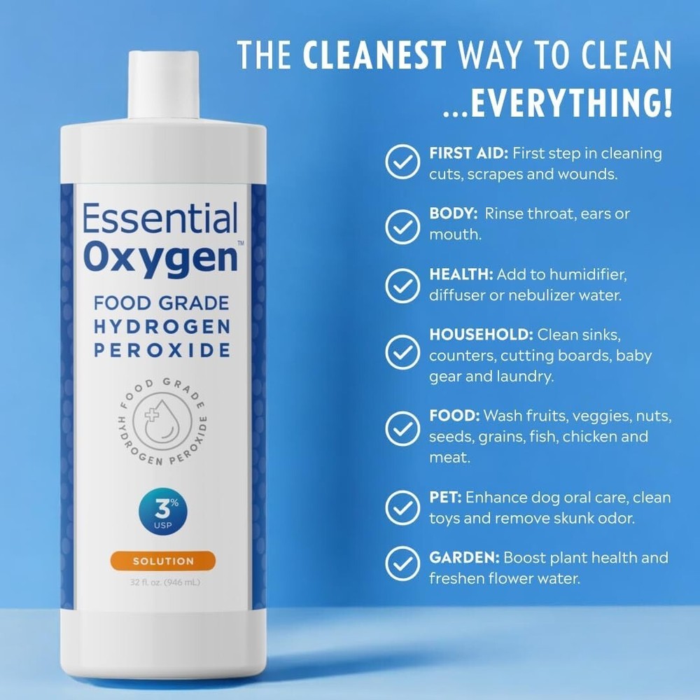 Essential Oxygen+, Hydrogen Peroxide 3% Food Grade, 1 Each, 32 Oz
