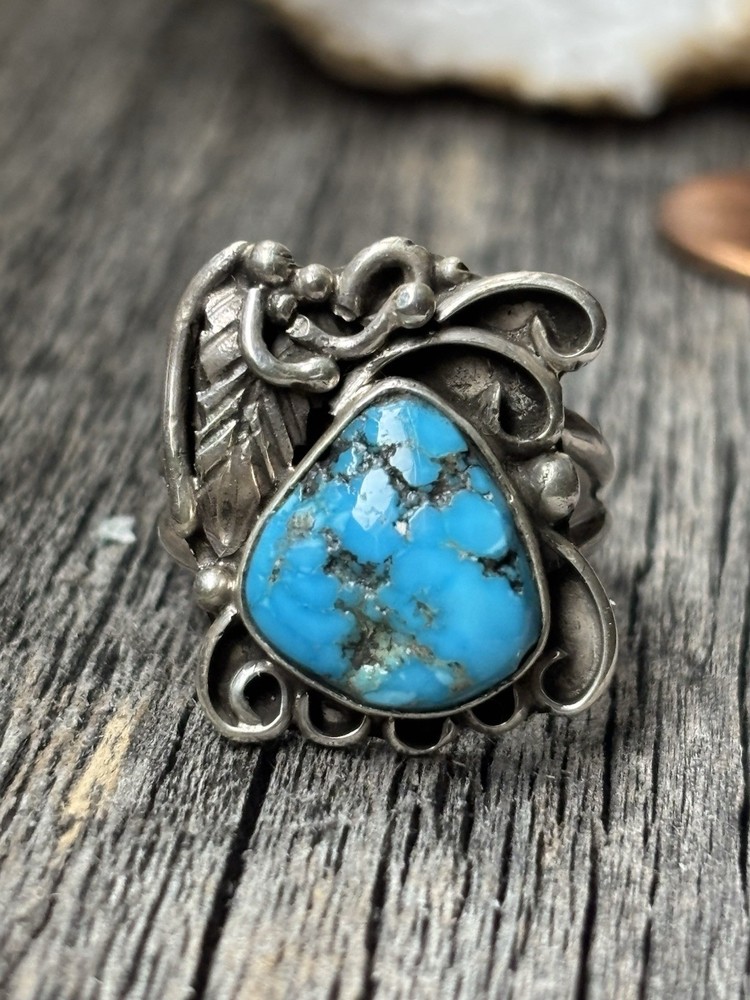 Sterling Silver Turquoise Ring Oval Boho Native Navajo Size 7 won11