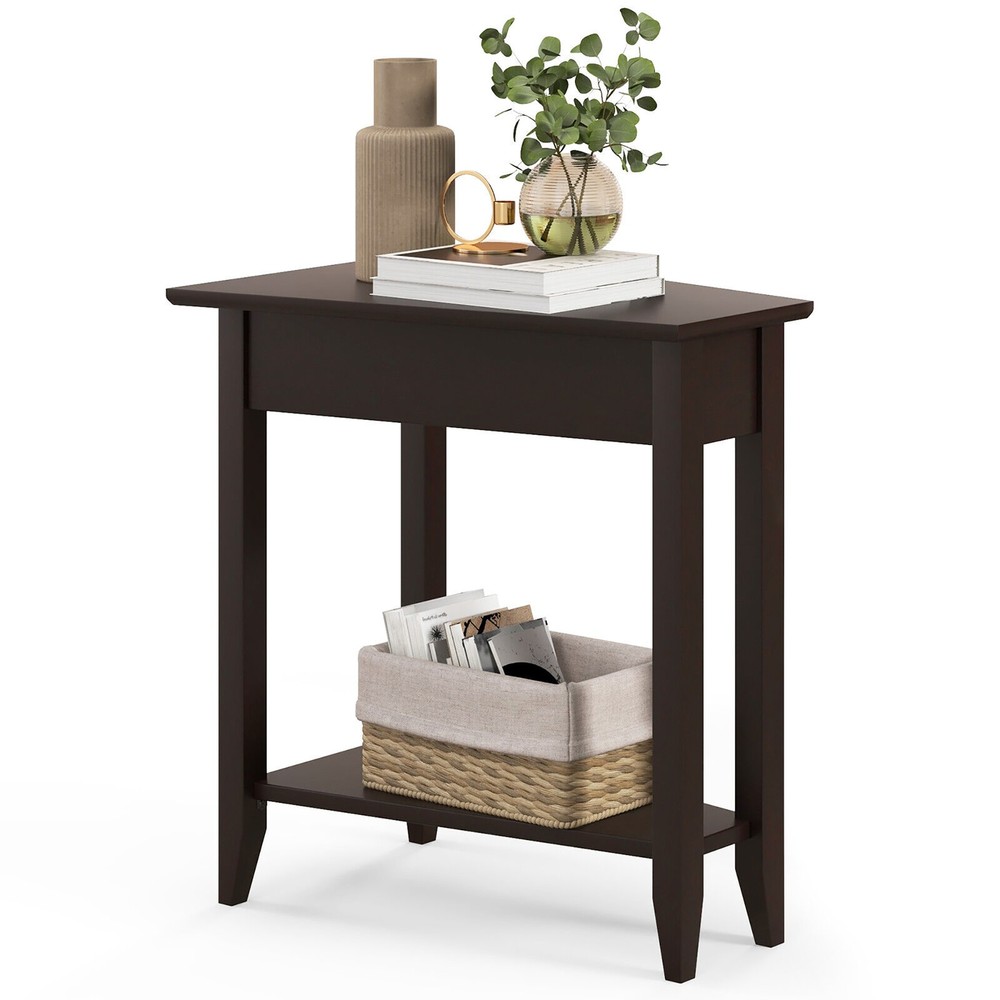 2-Tier End Table Irregular Narrow Sofa Side Nightstand w/ Storage Shelf Espresso