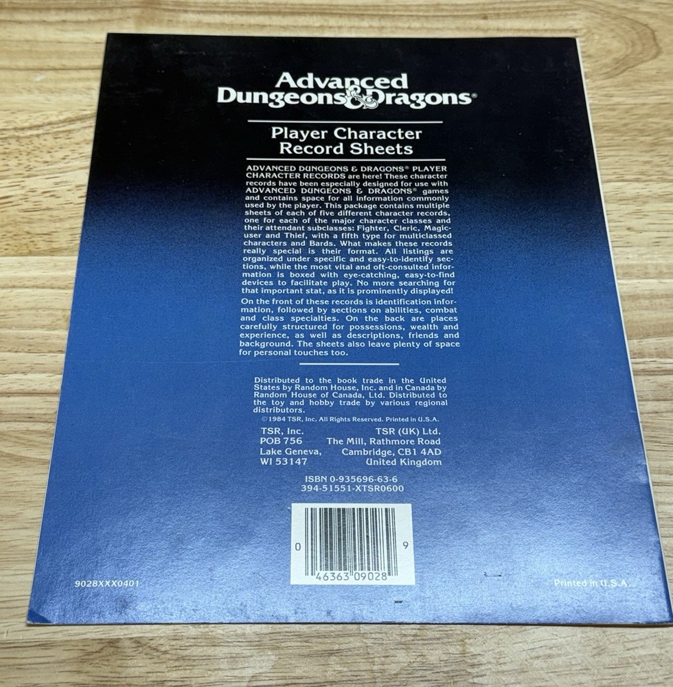 READ Advanced Dungeons & Dragons AD&D 2 Player Character Record Sheets 9028 1984