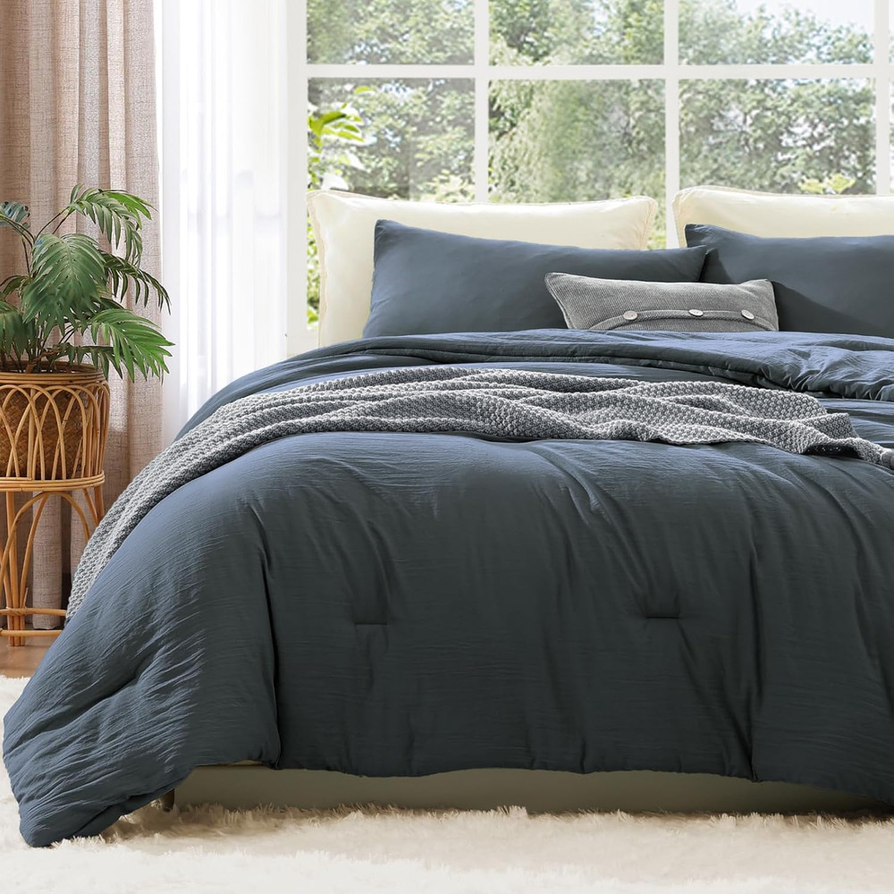 Queen Comforter Set - 3 Pieces Prewashed Blue Grey Comforter Soft Lightweight fo