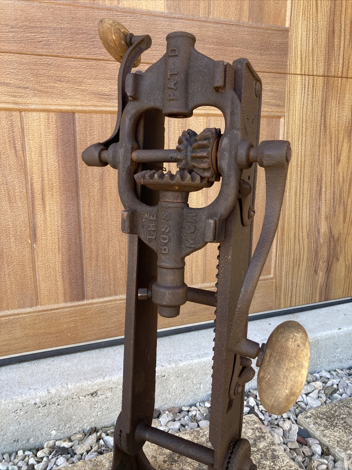 Antique Buckeye Boss Barn Beam Auger Drill Wood Cast Iron Anderson Indiana