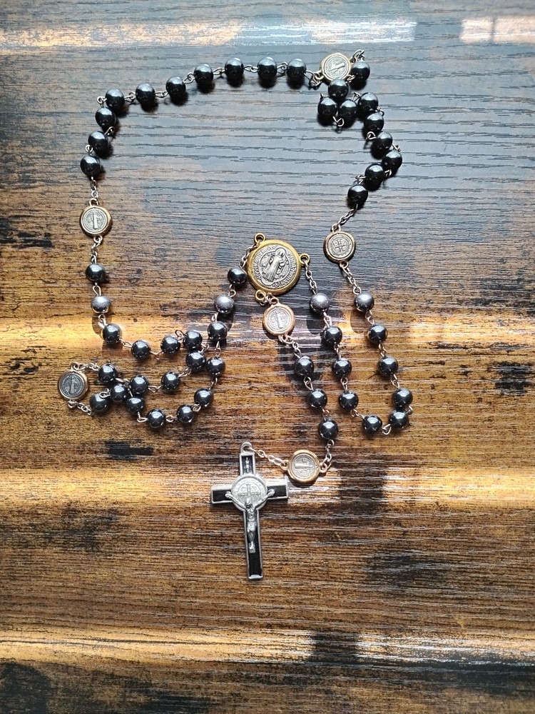 St Benedict Rosary Hematite Catholic Prayer Beads Mary