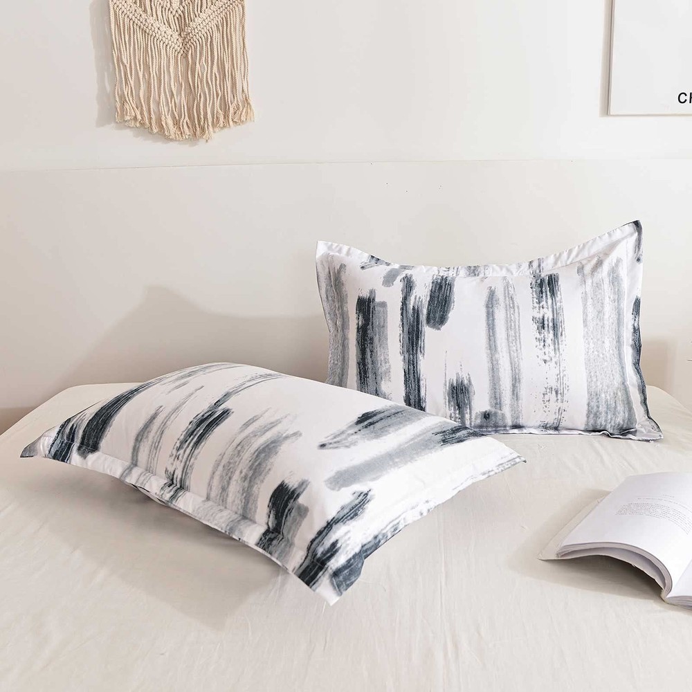 Nanko Queen Comforter Set 3pc, Art Grey White Printed Pattern Reversible Down