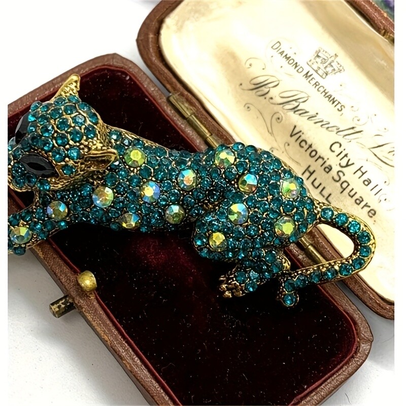 Vintage Leopard Brooch Pin - Animal Green & Golden Pins Jewelry