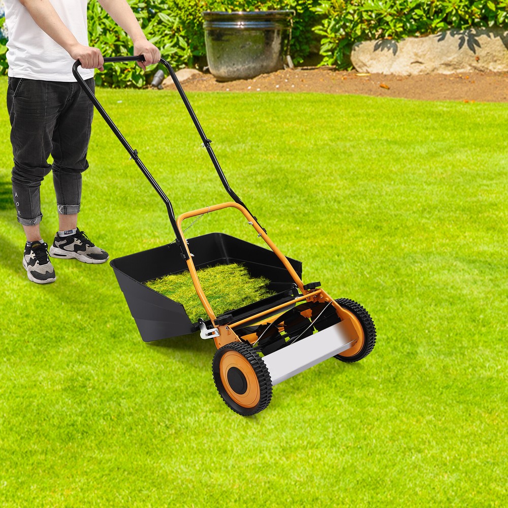 16" Manual Push Lawn Mower 5-Blade Adjustable Height Grass Catcher 2 Wheels