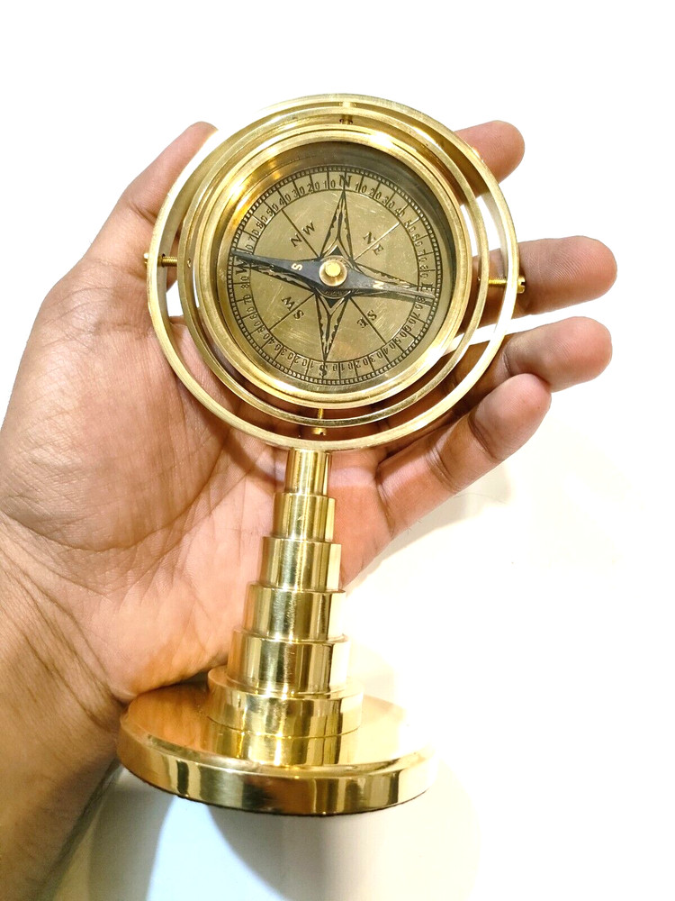Vintage brass handmade floating gimbal compass with designer base navigation