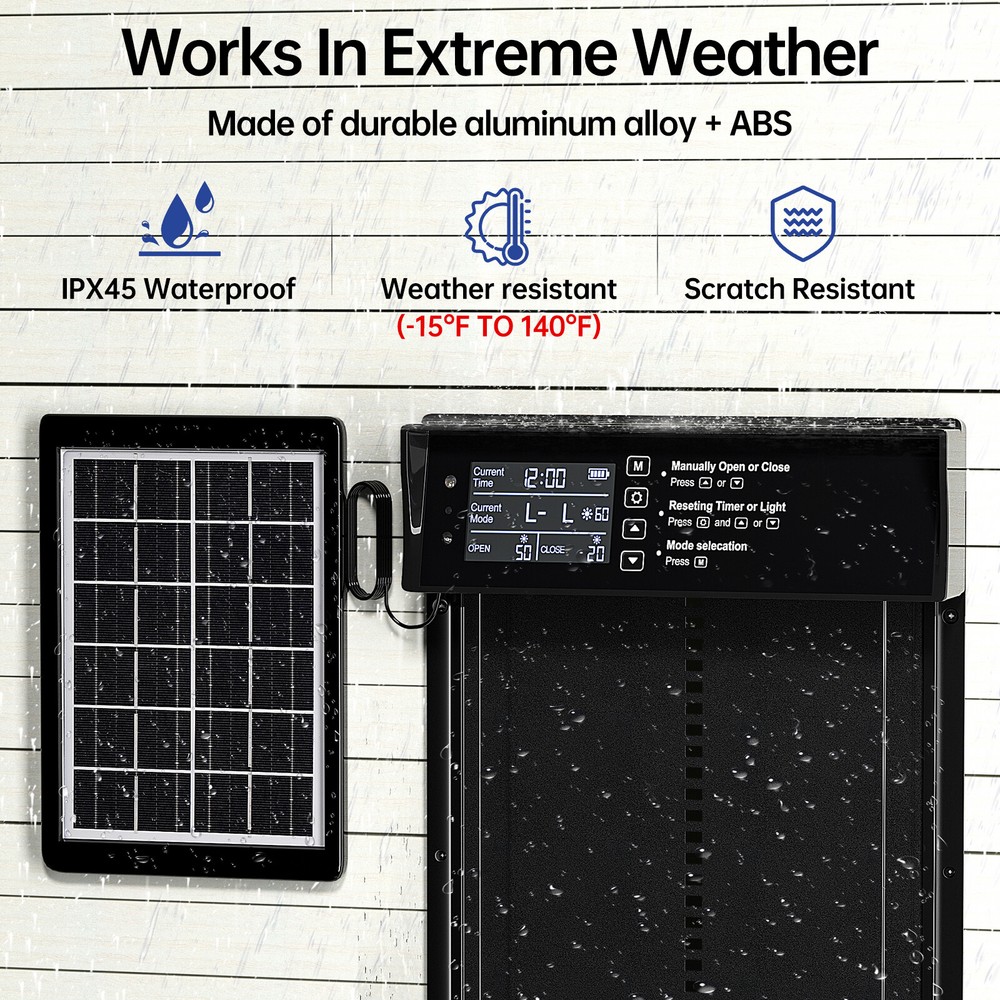 Solar Automatic Chicken Coop Door with Anti-Pinch/Timer/Light Sensor/LCD Display