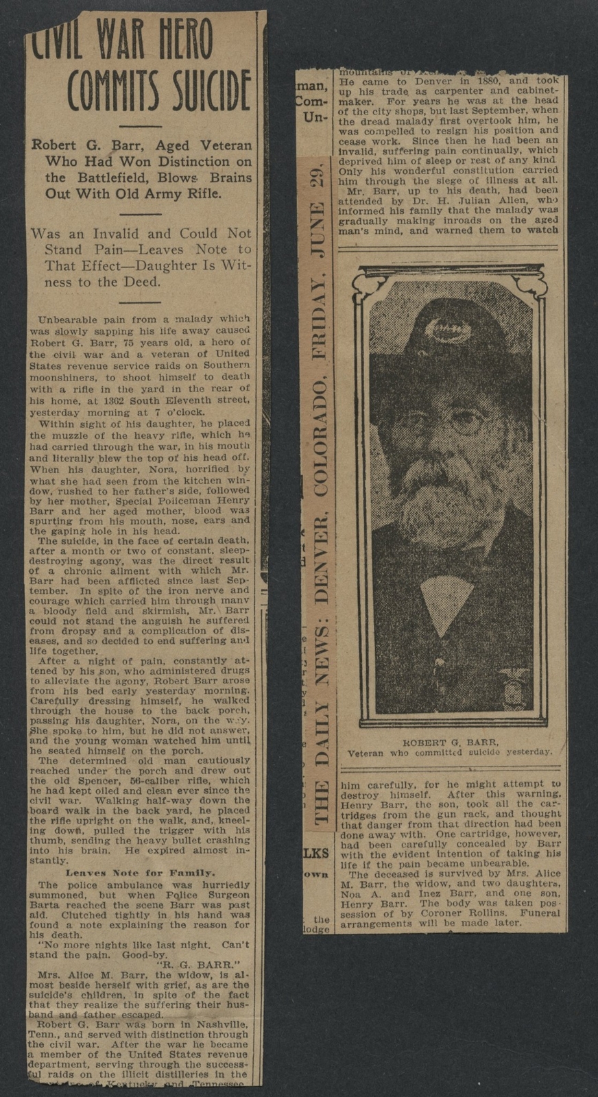 0227----1906 Robert G. Barr - Civil War Vet 21st Kentucky Inf suicide in Denver