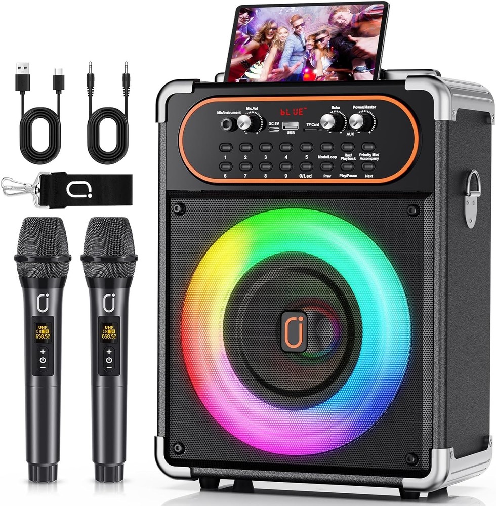 Karaoke Machine with 2 Microphones, Portable 2 Wireless black