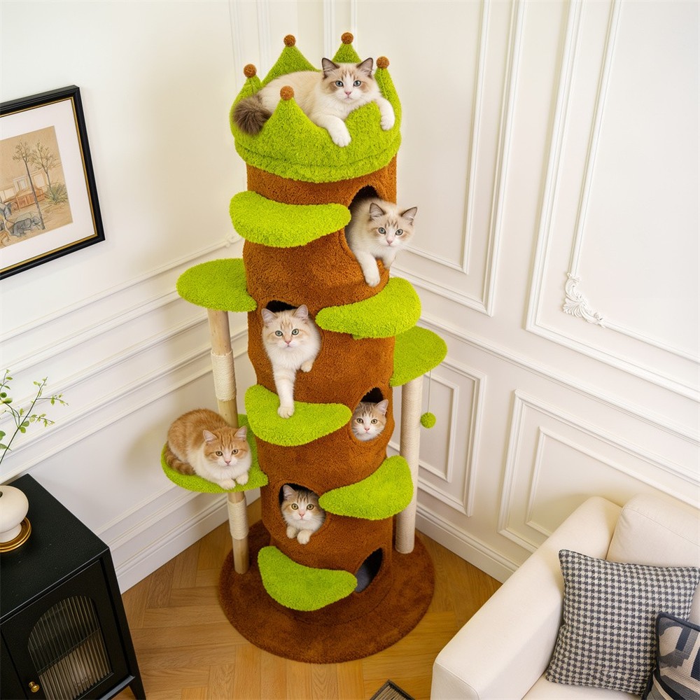 73.62” Tall Cat Tree Crown Perch Cat Activity Tower Play House Scratching Post