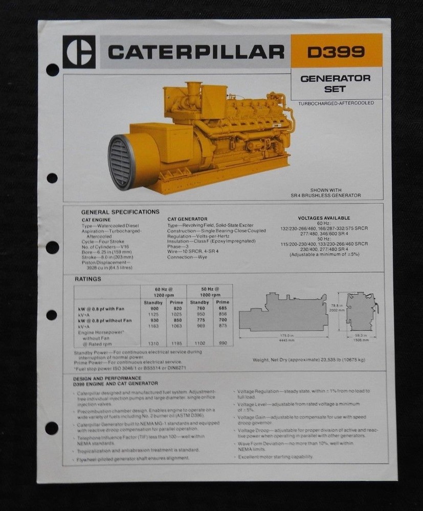 1981 CATERPILLAR "D399 DIESEL ENGINE GENERATOR SET" SPECIFICATIONS BROCHURE