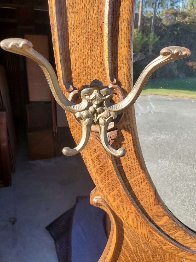 Antique Tiger Oak Hall Tree Seat