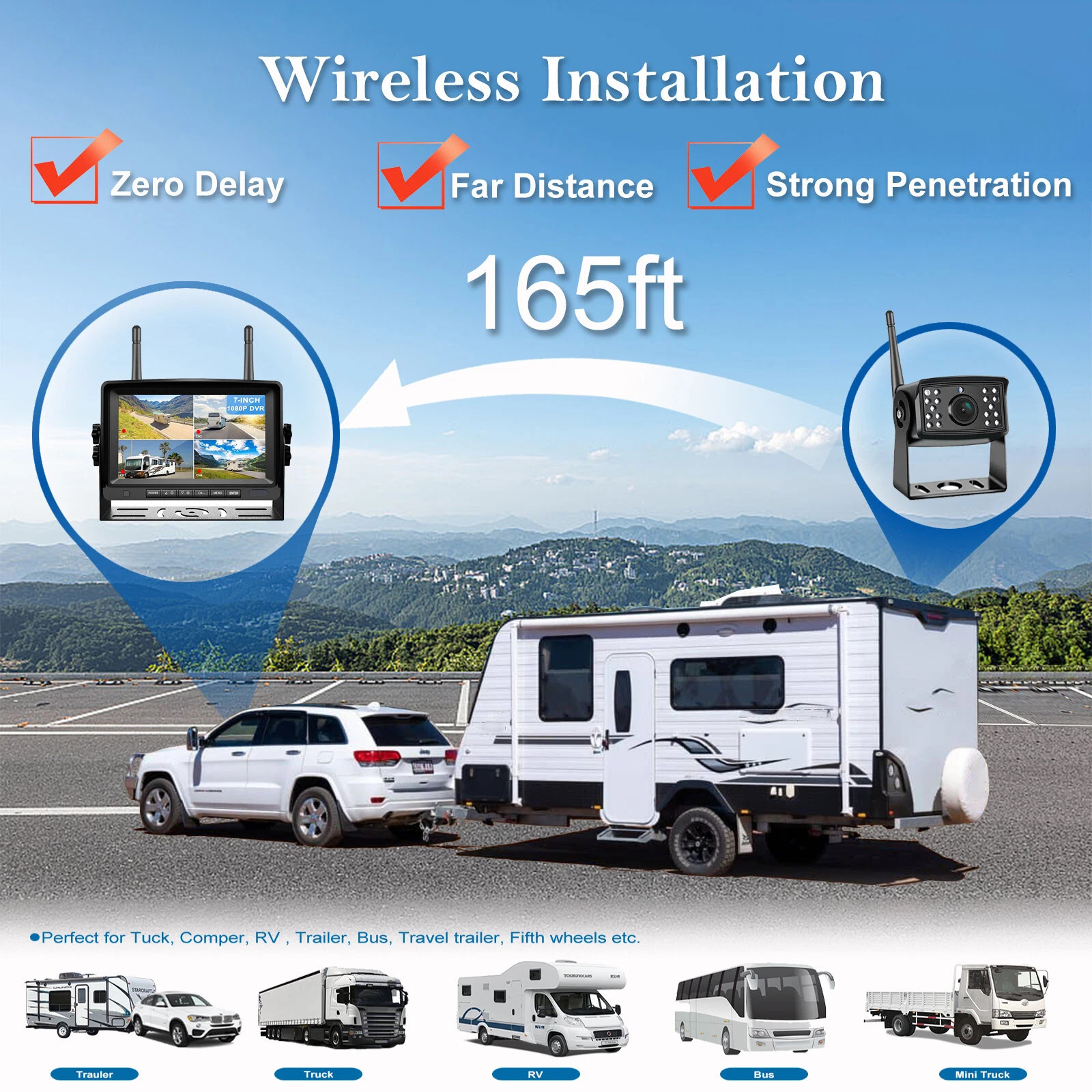 Wireless RV 4x 1080P Rear Side View Camera + 7" Monitor DVR Kit Truck Trailer