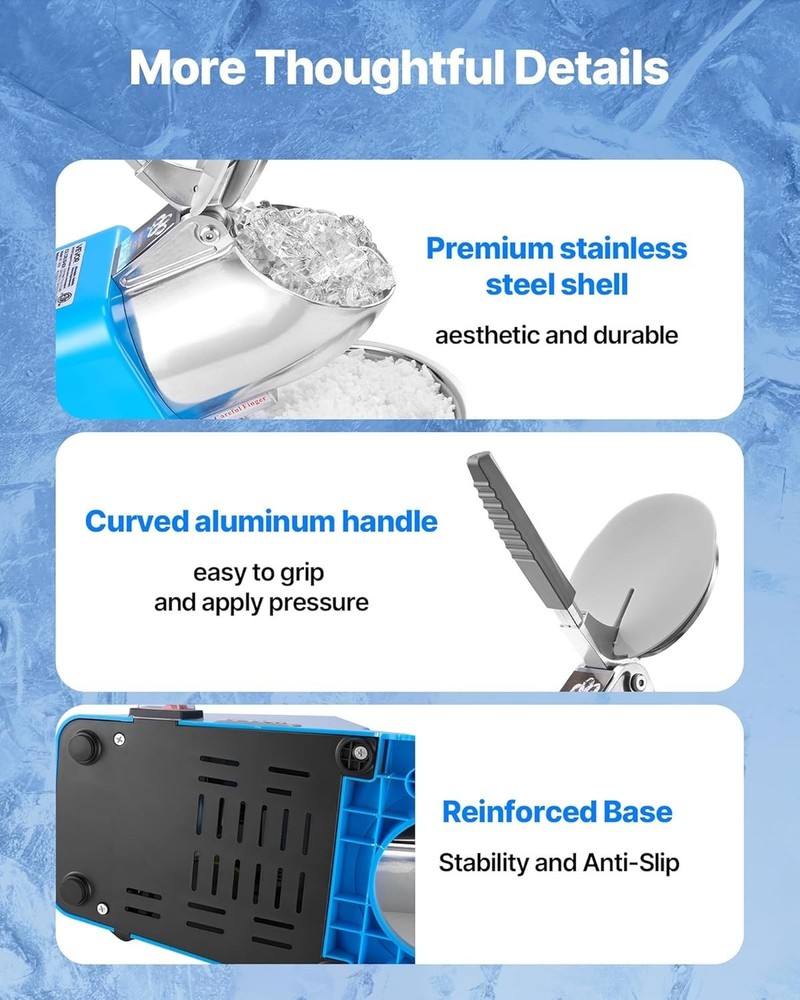 Ice Crusher Machine - 286lbs/hr Electric Snow Cone Maker, Compact Design