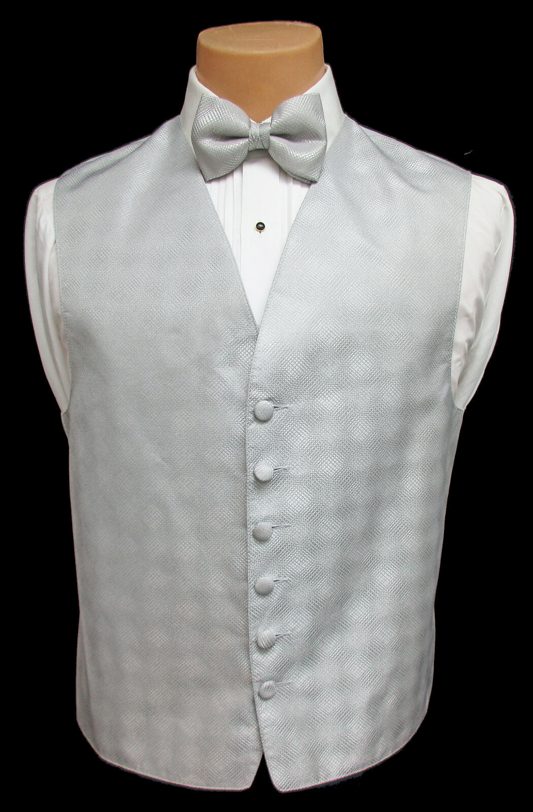 Men's Perry Ellis Silver Tuxedo Vest and Bow Tie Platinum Made in USA Large L