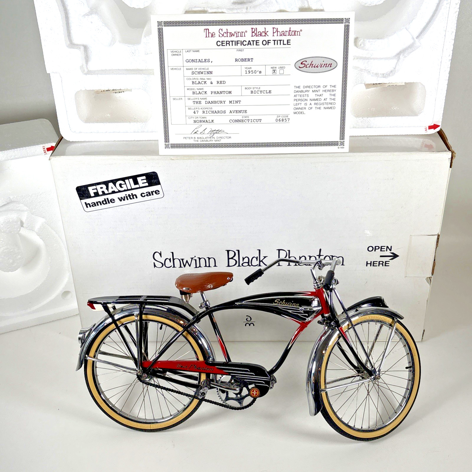 Danbury Mint Schwinn Black Phantom 1:6 Scale Die Cast Model Bicycle COA & BOX