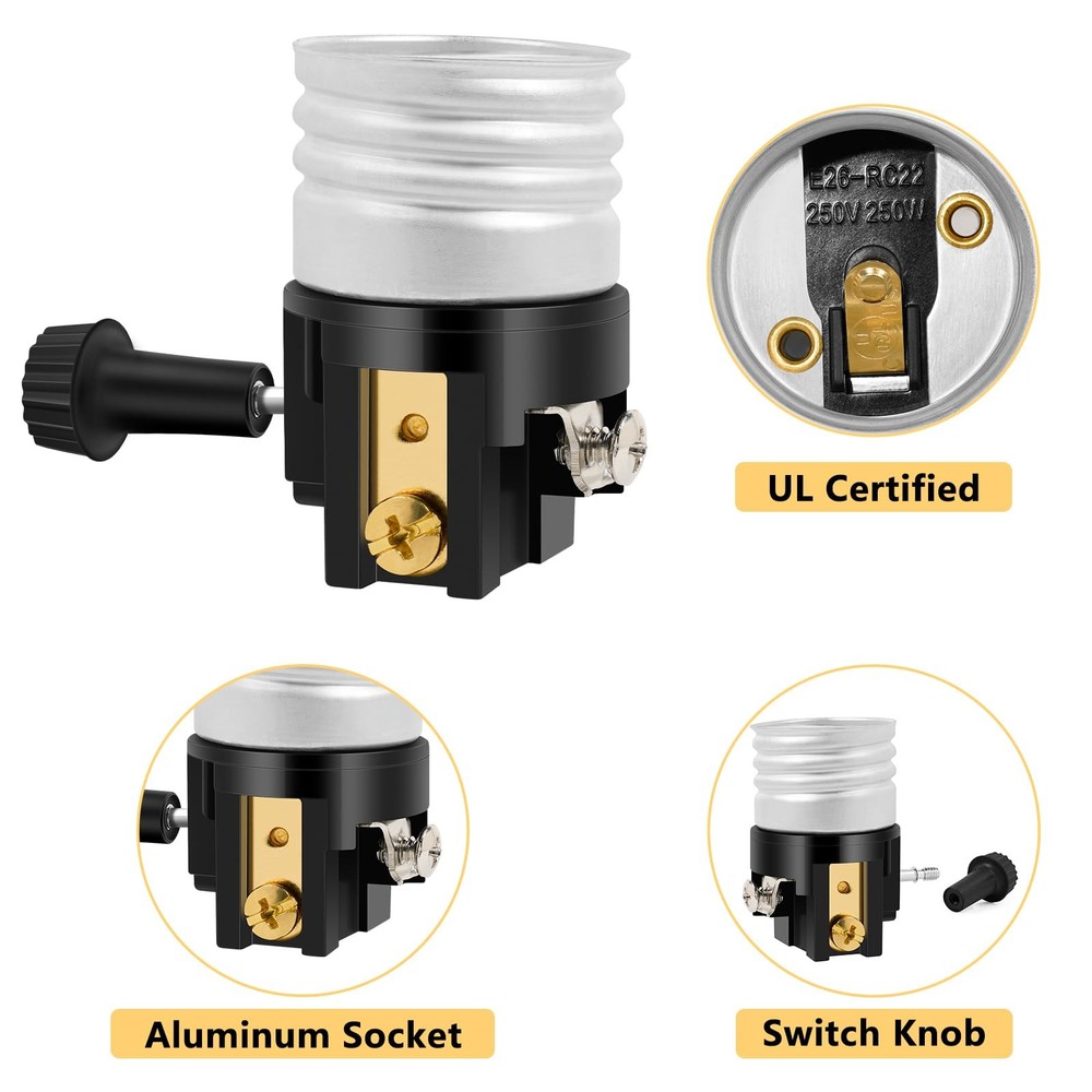 E26 Light Socket Replacement with On/Off Switch for Lamps (3 Pack)