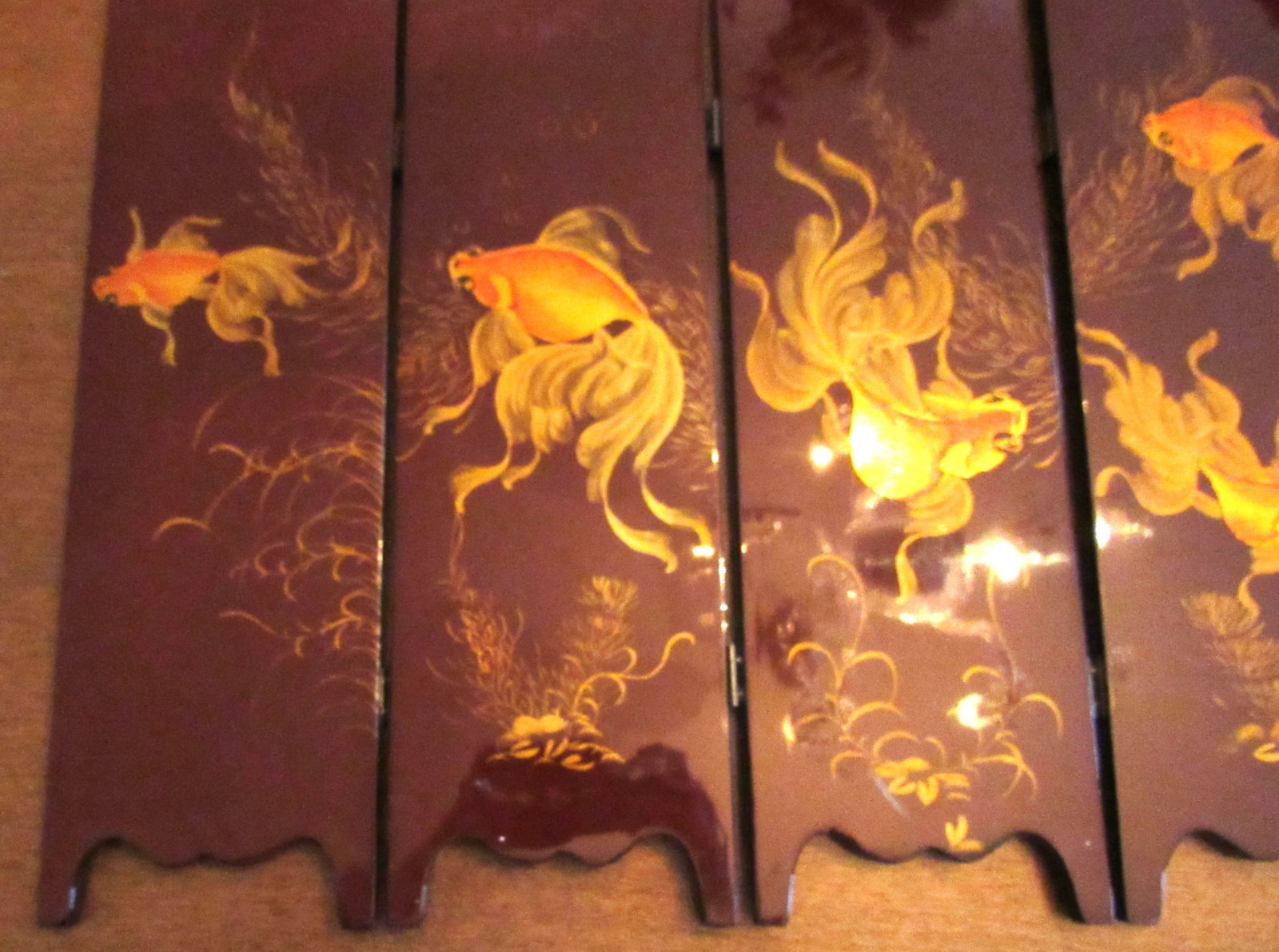 Asian 6 Panel 2 Side Lacquer Wood MOP Abalone Gold Fish Screen Divider 14"x28"