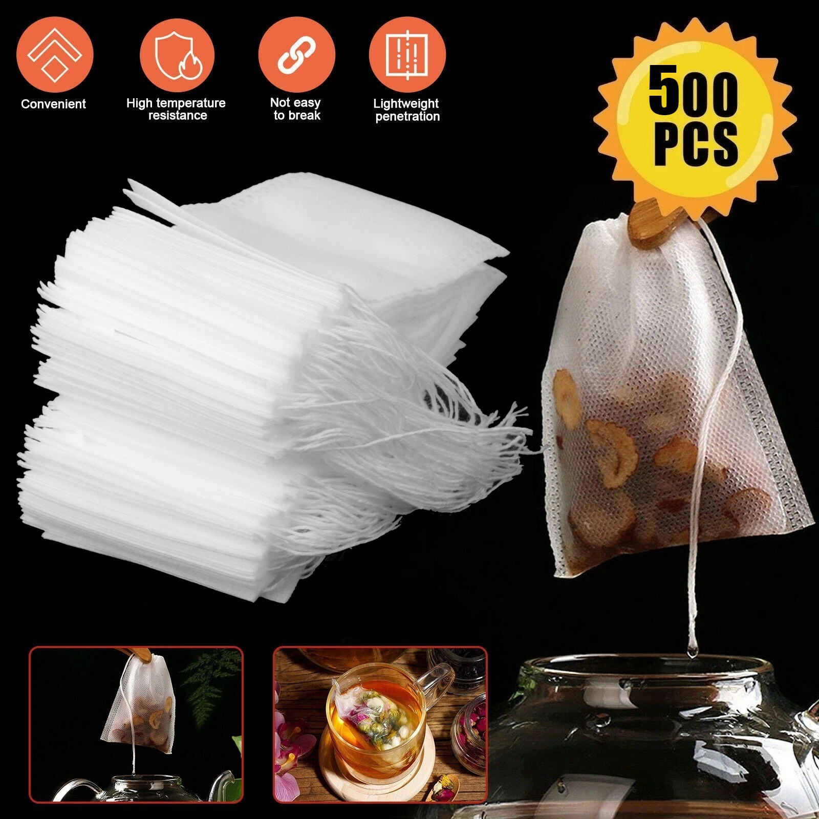500Pcs Tea Bags Disposable Drawstring Flip Empty Teabags Herb Loose Teas Filters