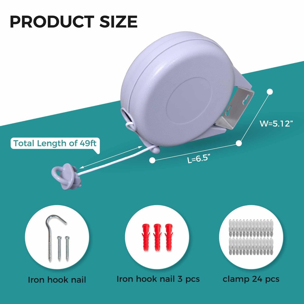 JS HANGER Retractable Clothesline-Wall Mounted Drying Rack with 49ft Long Sin...